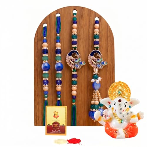 Image of TIED RIBBONS Set of 4 Rakhi for Brother and Bhabhi Kids with Ganesh Idol - Premium Handmade Family Rakhi and Tikka Combo Set - for Bhaiya Bhabhi