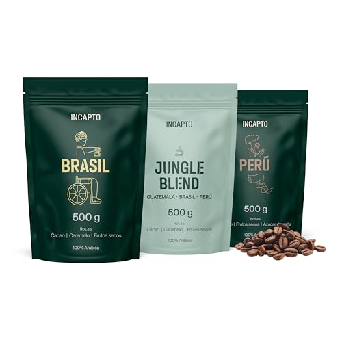 Incapto Pack de Cafés especial Café con Leche | Café en Grano Natural de Especialidad | Cafés de Brasil, Perú y Jungle Blend | Specialty Coffee +80 puntos SCA | 3 paquetes de 500g