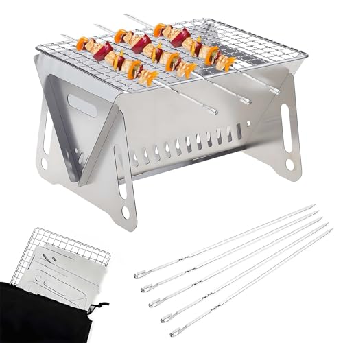 FZYCOM Portable BBQ Grill with 5 Pcs Barbecue Forks, Charcoal, Silver, Stainless Steel, Foldable, Indoor & Outdoor, Camping, Travel