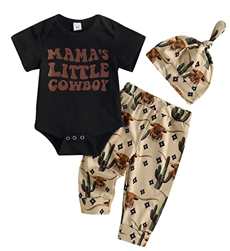 SAYOO Western Newborn Baby Boys Cowboy Outfit Cow Print Letter Bodysuit Long Leggings Cap 3pcs Infant Boy Country Clothes