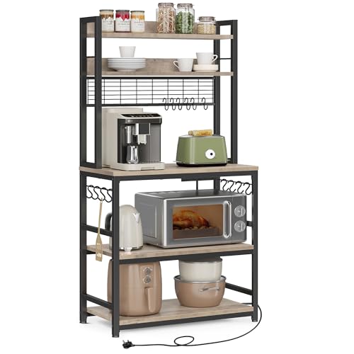 VASAGLE Kitchen Storage Rack with Power Outlet, Coffee Bar, Baker's Rack, with Metal Wire Panel, 14 Hooks, for Microwave, Steel Frame, 40 x 80 x 170 cm, Greige and Ink Black KKS025K02