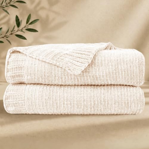 blunique Chenille Throw Blanket for Couch Cozy Soft Blanket Lightweight Decorative Throw for Living Room Sofa Chair Stylish Home Decor Ideal for Gifting Ivory 50x60