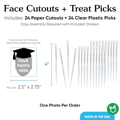 Big Dot of Happiness Grad Cap Fun Face Cutout Dessert Cupcake Toppers - Custom Graduation Photo Head Cut Out Clear Treat Picks - Upload 1 Photo - Set of 24