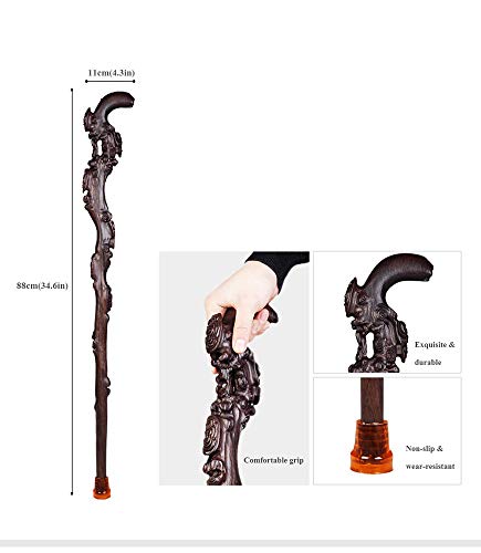 MUUL-WHCH Wood Cane with Supportive Curved Handle, Exquisite Carving Walking Canes, Handmade Carved Sticks, Ebony Crutch Stick Gift for Men and Women - Thumbnail 2