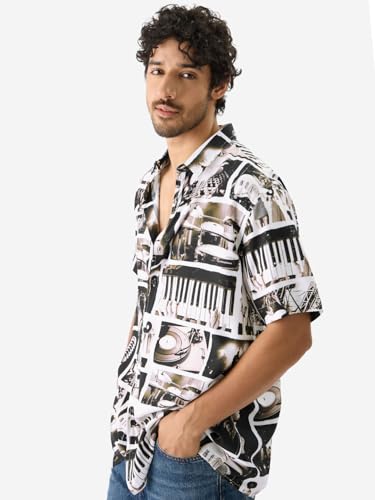 Image of The Souled Store On Beat Men and Boys Short Sleeve Collared Neck Buttoned Front Multicolor All Over Printed Polyester Blend Oversized Shirts