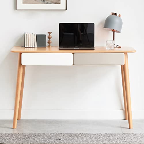 Solid Wood Computer Desk - 47'' Large Size Office Desk With 2 Drawers, Modern Simple Style Pc Table With Gap Design For Home Office, Work, Student, Study, Makeup Workstation (Beech) #TOP13