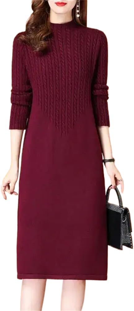 LIXINGHEITANG Turtleneck Long Sleeve Knitwear Middle-Long Dress Autumn Winter Warm Knitted Sweater Women