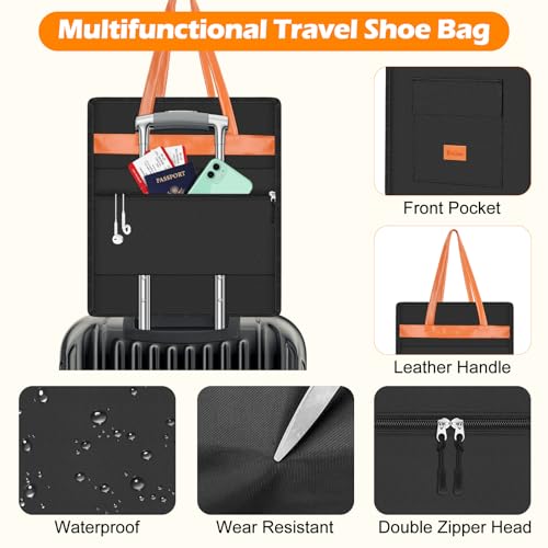 Yotako Shoe Bag for Travel with Leathers Handle,Portable Shoe Organizer with Pockets,3 in 1 Hanging Luggage Shoe Storage Bag,Travel Shoe Bag for Women Men Fit 6 PCS Shoes,Black4