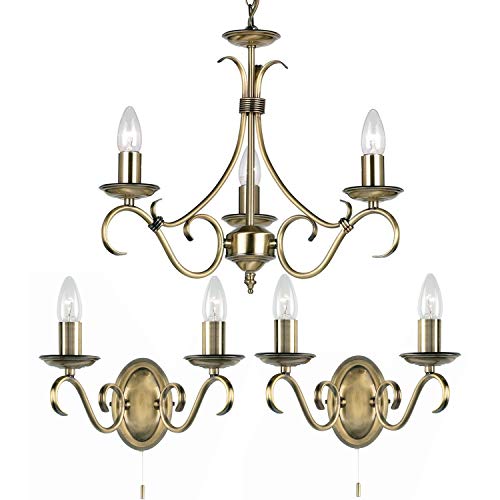 Image of Loops Flush/Hanging 3 Bulb Ceiling & 2X Twin Wall Light Pack | Classic Antique Brass Chandelier Set | Matching Indoor Lamp Fittings | Modern/Vintage Lounge Bedroom Lighting | LED & Dimmable kit