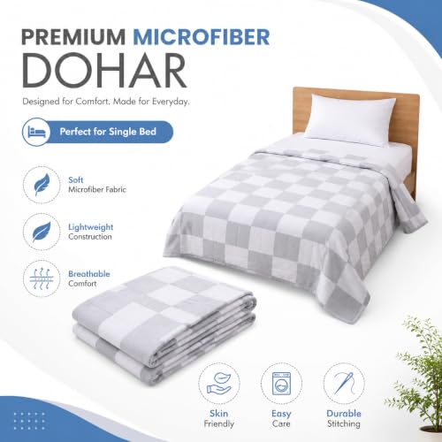 Image of Single Bed Dohar Soft Grey Check | Lightweight Summer Quilt | Soft Microfiber AC Blanket | Breathable All Season Comforter | Skin Friendly Bed Cover
