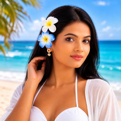 Image of Tia Crafts Colourful Hawaii Plumeria Flower Hair Clips for Women & Girls | Artificial Bridal Bun Hair Pin for Wedding, Beach & Party (Colourful Hawaii - 5)