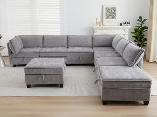 Image of ORRD Oversize Corner Modular Sectional Sofa Set, Convertible L Shaped Couch with Storage, 8 Seater Sofa Modular with Ottomans and Reversible Chaise for Living Room, Office (Grey)