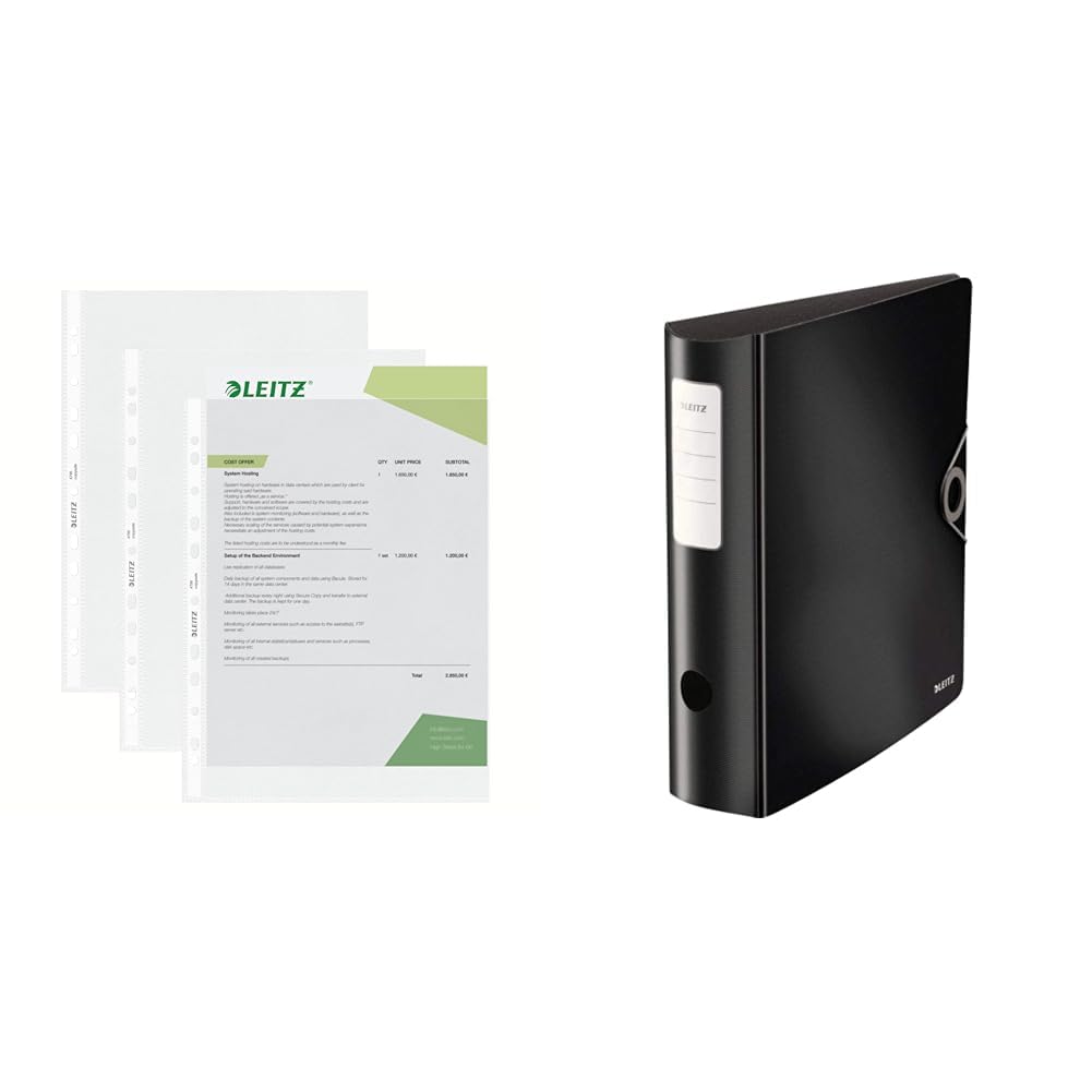 Leitz Standard Prospekthüllen-Set, 100 Stück, A4 Format & Qualitäts-Ordner 180° Active Solid, A4, Breit