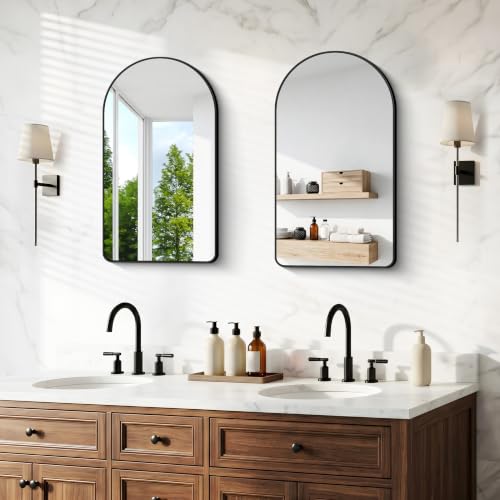Image of BONEWEI Arched Wall Mirror,18x30 inch Black Arched Mirror Bathroom,Vanity Mirror for Over Sink Metal Frame,Tempered Glass Arch Mirrors for Bedroom,Entryway,Living Room,Home Decor Shatter-Proof