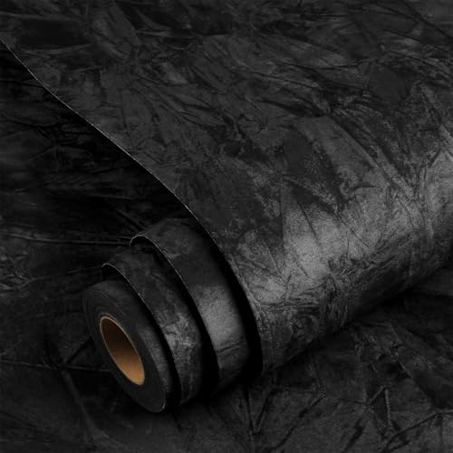 YENHOME Black Velvet Textured Peel and Stick Wallpaper Vintage Crinkle Velvet Fabric Self Adhesive Removable Wall Covering for Bedroom Accent Walls Drawer Liners Dresser Cabinets 17.7" x10ft