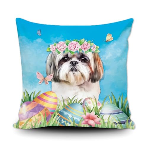 Ganshan Bi Shih Tzu with Easter Eggs Pillow Case Watercolor Dog Flowers Butterfly Spring Summer Decor Pillow Cover for Sofa Couch Canvas 20X20 Inch Double Side