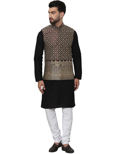 Image of SOJANYA (Since 1958 Men's Cotton Linen Maroon Kurta and White Pyjama with Mustard Cotton Nehru Jacket