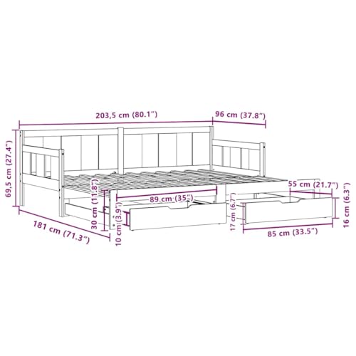vidaXL Tagesbett, Bettsofa Ausziehbar mit Schubladen, Gästebett ohne Matratze mit Lattenrost, Ausziehbett Schlafsofa, Weiß 90x200cm Massivholz Kiefer – Bild 3