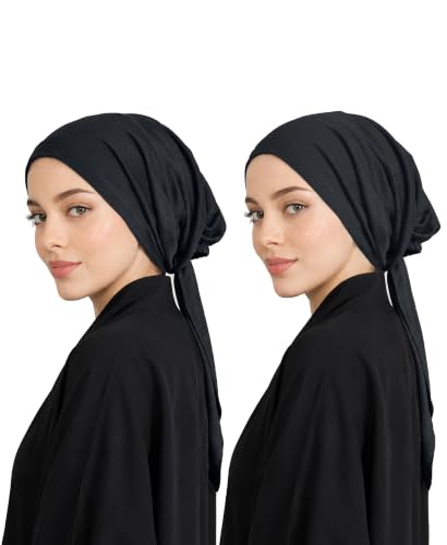 Image of Mehar Women's Hair Ponytail Cap Set of 2 | Soft Stretchable Polyester Hijab Inner Cap | Adjustable Tie-Back | Scarf & Helmet Inner | One Size Fits All