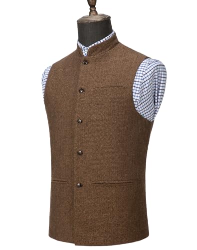 Tuikayoo Mens Herringbone Wool Vests Suit Business Tweed High Collar Waistcoats Slim Fit3