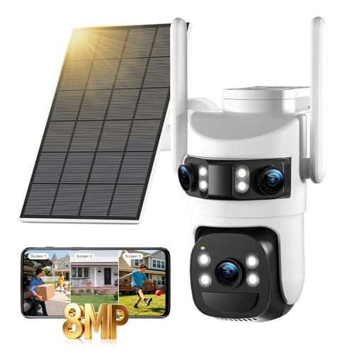 8MP 6K Triple Lens Solar Security Camera Outdoor, 5GHz/2.4GHz WiFi Wireless PTZ Camera, Color Night Vision, Auto Human Tracking, Two-Way Audio,IP66 Weatherproof Home Surveillance Cam