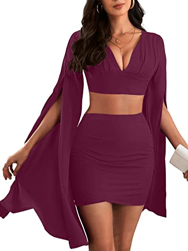 LYANER Women's 2 Piece Outfits Cloak Long Sleeve Crop Top and Ruched Mini Skirt Set