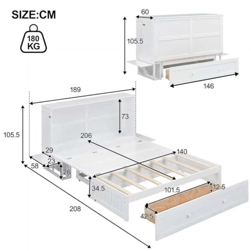 Generisch Mobiles Schrankbett 140x200 cm Mit 2 Schubladen & Regalen | Platzsparendes Klappbett Aus Kiefernholz & MDF | Staufähiges Wandbett Mit 180 kg Tragkraft – Bild 3
