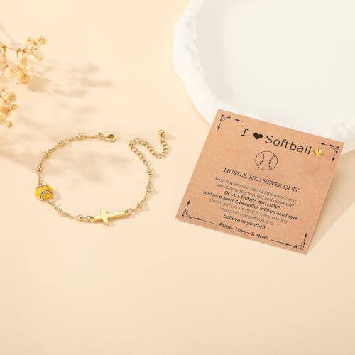 Image of Softball /Volleyball /Soccer /Basketball Football Bracelet for Girls Women, 14K Gold Plated Cross Link Chain Sport Accessories Christian Jewelry Gifts for Teens Team Coach Players