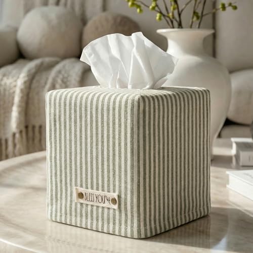 Stylish Tissue Box Cover - This Sage Striped Linen Holder Instantly Covers Your Square Tissue Boxes - The Perfect Cube Cover for Your Bathroom and Home