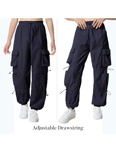 Image of EXARUS Girls Parachute Pants Cargo Hip Hop Wide Leg Baggy Y2K Teen | Tween Casual School Dance Streetwear with Pockets Elastic Waist Youth Junior Kids Bottoms Hiking 8-14Y