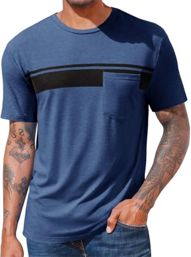 Runcati Men's Casual T-Shirt Short Sleeve Regular Fit Crewneck Tee Summer Graphic Tops with Pocket Navy