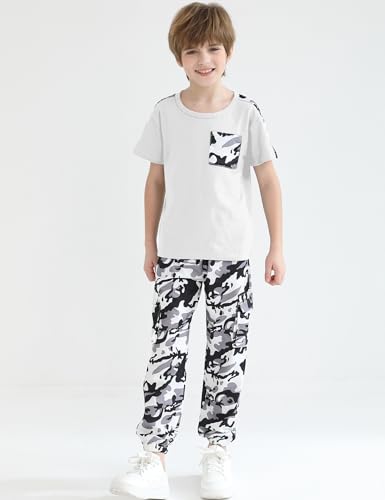 Image of mksodopy Boys Clothes Outfits Set, Camo Cargo Pants and Short Sleeve Pocket Tee 2PC Summer Tracksuit for Kids 5-16Y