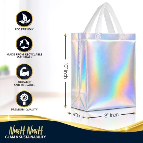 Nush Nush Iridescent Gift Bags Medium Size – Set of 12 Holographic Reusable Gift Bags With Handles - Perfect Goodie Bag for Birthday Party Favors, Bachelorette Gifts, Christmas Gifts – 8Wx4Dx10H - 5