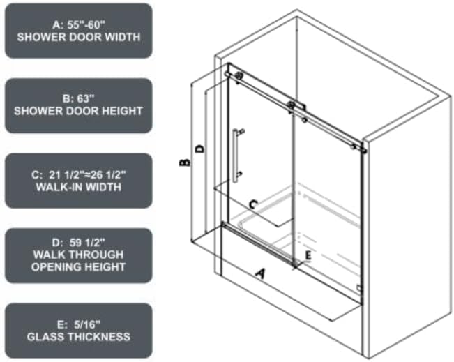 60 Inch Brushed Gold Frameless Shower Door with Soft Close Tempered Glass and Stainless Steel Pulleys