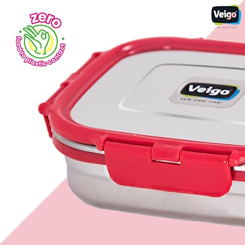 Image of Veigo Original Set Pack of 3 Stainless Steel Airtight & Leakproof Medium Lunch Box with Silicon Ring & Polymer Frame for Re-Heating|Safe Lid Lock|Square (330ML) Red