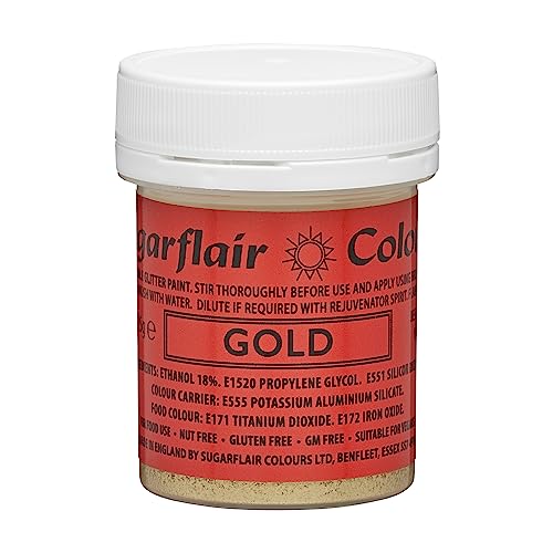 Sugarflair Gold Edible Metallic Glitter Paint, Jars of Food Dye Glittering Metallic Lustre, High Strength, Provide Excellent Coverage On Cakes & Desserts, Bright & Shimmering Colours - 35g