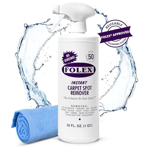 Image of FOLEX Instant Carpet Spot Remover 32 oz - Powerful Stain Remover for Carpets, Upholstery & Rugs - Eliminates Pet Stains, Grease, Red Wine, Food, Makeup & More - With Reusable Cleaning Cloth - 1 Pack