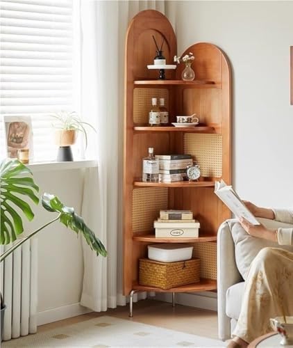 Vintage Corner Bookshelf - Sturdy 5-Tier Rattan Display Rack, 90° Fan-Shaped Open Storage Organizer for Living Room, Multi-Purpose Home Décor (Brown)