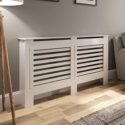 DuraTherm Radiator Cover White Modern Painted MDF Cabinet Slats Grill Wood Top Shelf Living Room Bedroom Hallway Cabinets Horizontal Medium