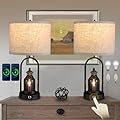 Table Lamps for Living Room, Set of 2 Farmhouse Bedside Lamps for Nightstand Bedroom, Rustic Modern Table Lamp with 3-Way Dimmable Touch Control Night Light, USB Ports (4 Bulbs Included) (Black)