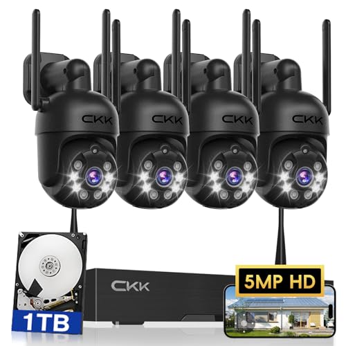 [3K, 360° View] 5MP Wireless Security Camera System, 4pcs 3K PTZ Cameras Outdoor Indoor, C102 Dual WiFi Surveillance System NVR with 4LED Floodlights & Siren Alarm, 2 Way Audio,Motion Sensor,1TB HDD