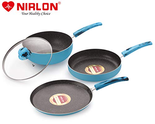 Image of Nirlon Blue Sea 4-Piece Aluminium Non Stick Cookware Gift Set with Glass Lid, Color-Blue (Compatible with All Gas & stovetops Only)