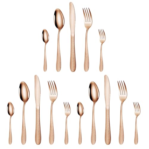 Image of aDai Hammered Rosegold Silverware Set | 15-Piece Premium Stainless Steel Flatware Set | Dishwasher Safe Cutlery Set for Home, Restaurant & Gifting