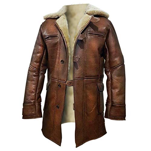 Image of Tom Dark Rises Bane Brown Faux Fur Shearling Sheepskin Leather Trench Pea Coat Jacket