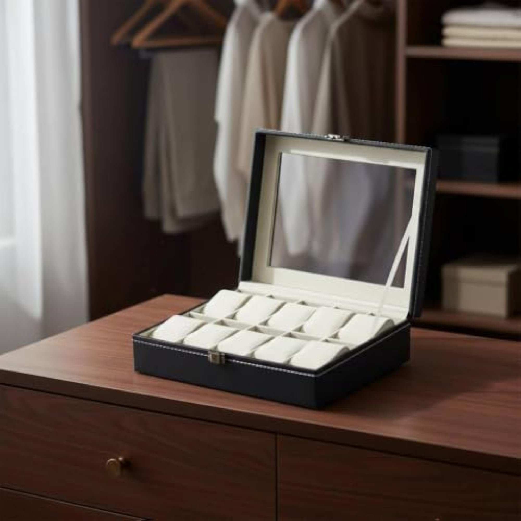 Glass Lid Watch Display Box with Padded Compartments