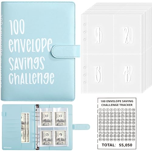 GEDunique 100 Envelope Challenge Binder, Easy and Fun Way to Save $5,050, Savings Challenges Budget Book Binder with Cash Envelopes for Budgeting Planner & Saving Money Blue