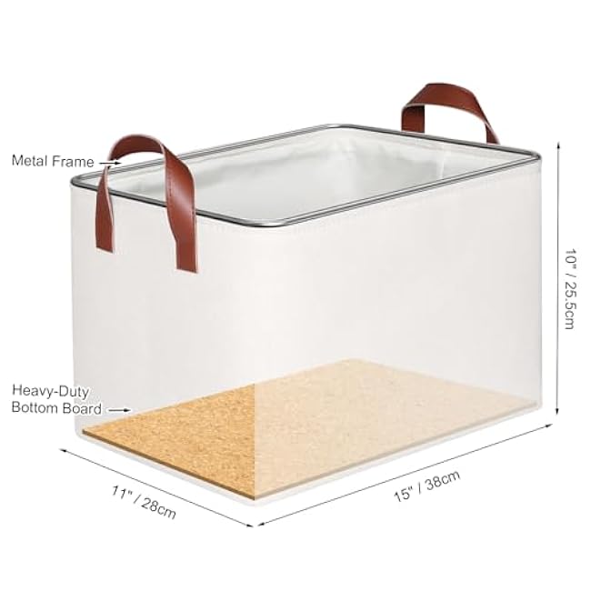 KEEGH Storage Baskets for Organizing, Fabric Storage Bins with Leather Handles, Shelf Baskets for Closet Organization, 15 L x 11 W x 10 H, White, 4 Pack