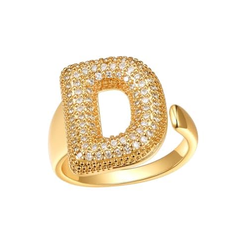 FindChic Initial Ring for Women, Gold Plated Chunky Letter Rings Open Adjustable Trendy Sparkling Cubic Zirconia Personalized Statement Rings Jewelry Gift Letter-D