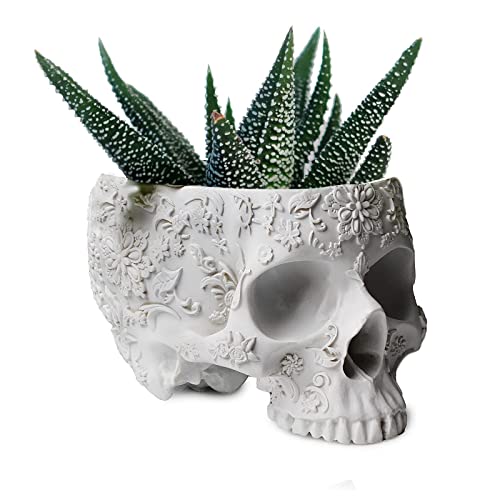 Gute Skull Plant Planter Pot 6" H Polyresin Skull Planter Pot for Succulents, Indoor Plants & Flowers - Skull Candy Bowl, Skull Serving Bowl, Modern Planter Pot, Skull Home Decor, Skull Decor (White)