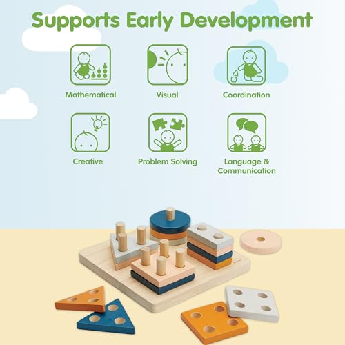 Image of PlanToys Geometric Sorting Board Orchard Shade, Montessori Kids Shape Toy | geometric sorting board orchard shade, montessori shape size colour learning, fine motor problem solving activity, kids toy